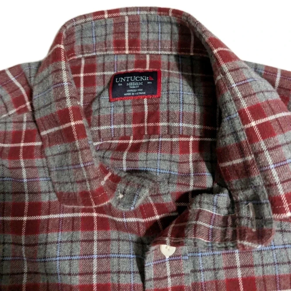 UNTUCKit Cabero Flannel Shirt Mens Medium Slim Fit‎ Red Gray Plaid Button Up...